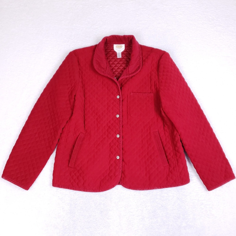 Talbots Petites Quilted‎ Jacket LP Red Diamond Button Front Stretch Classic Fall